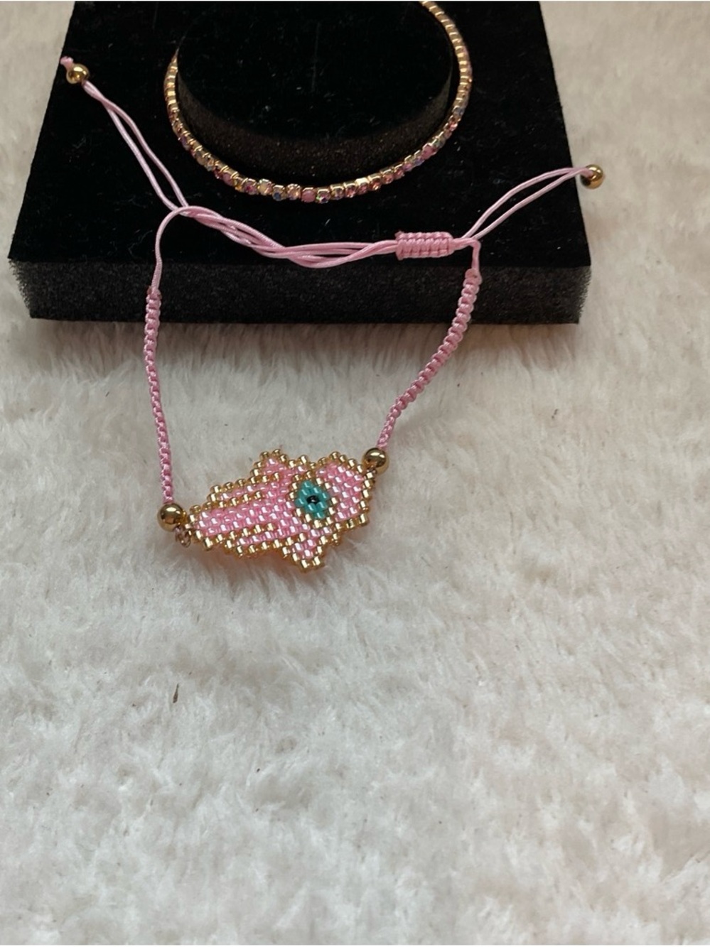 Pink Beaded Evil Eye Friendship Bracelet with Gold Accents
